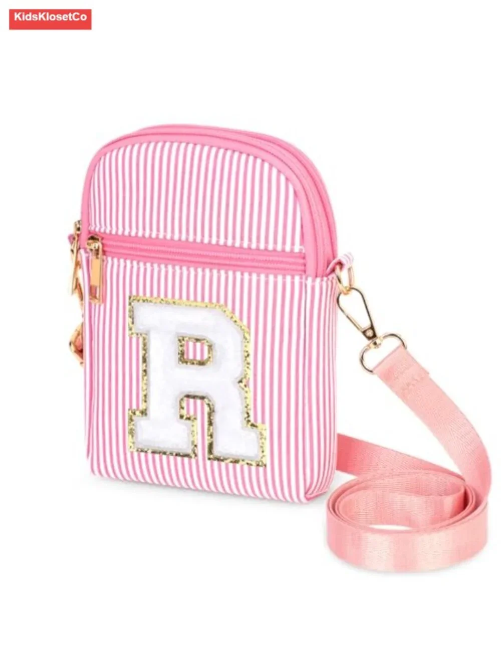 Initial Crossbody Bag for Girls, Pink Stripe Phone Purse with Letter Patch